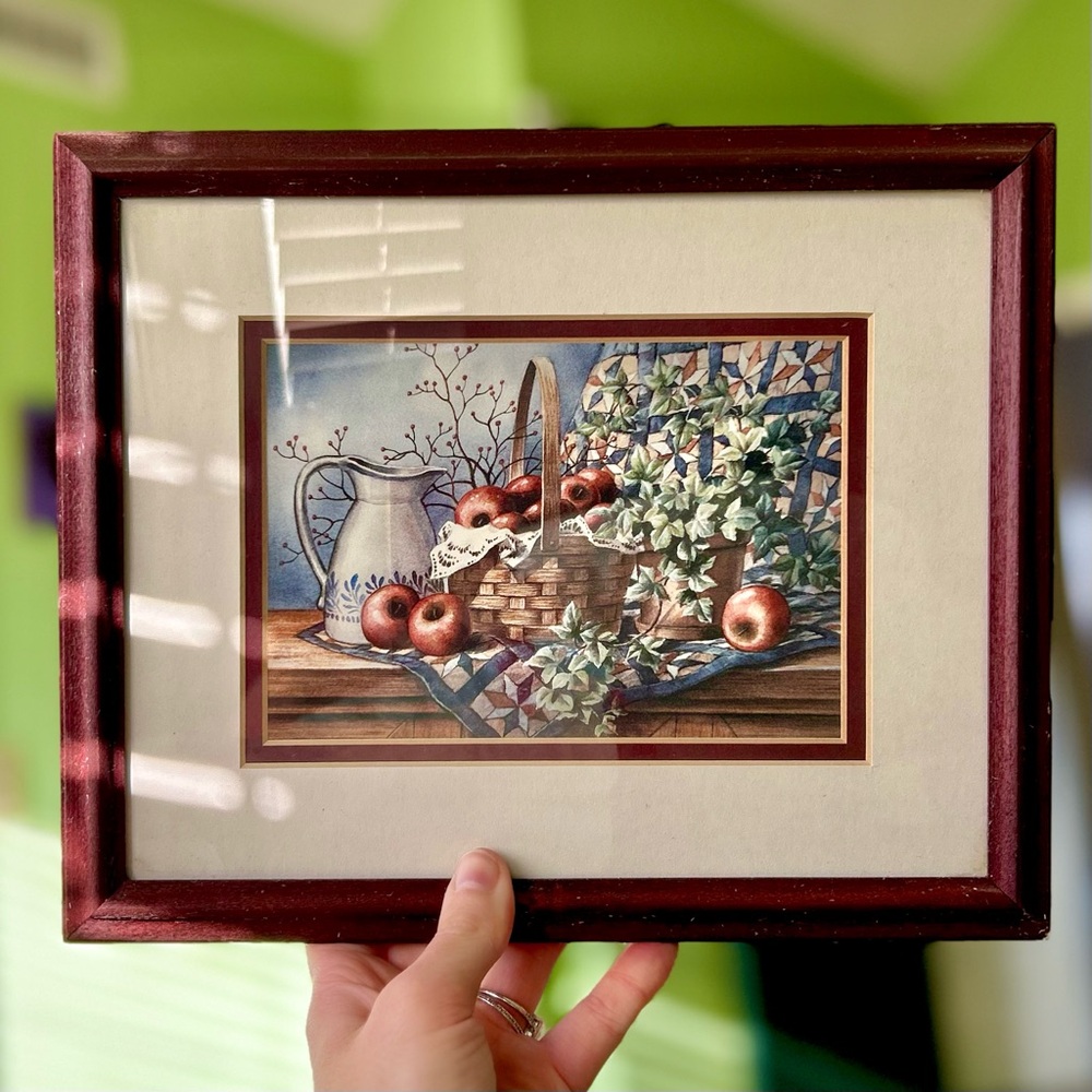 VTG Farmhouse Cottagecore Still Life Apples In Basket On Table Pitcher & Florals - Picture 3 of 8